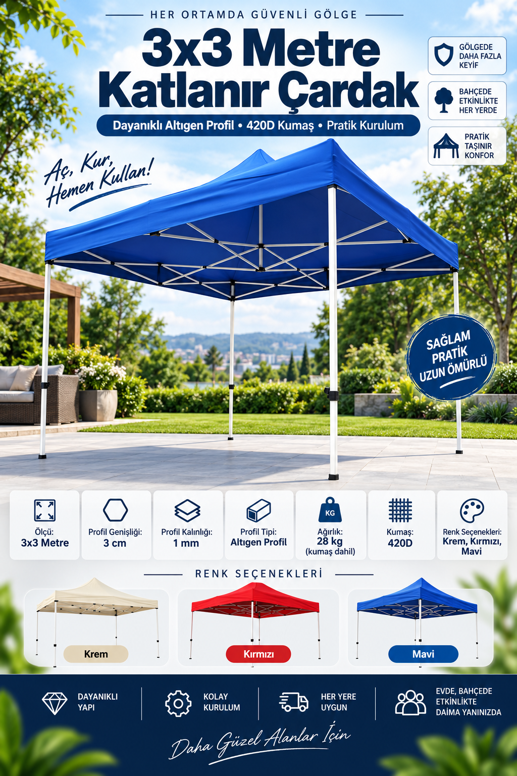 3x3 Metre Gazebo Tente - Su Geçirmez, UV Korumalı, Hızlı Kurulum, Dayanıklı Katlanabilir Çardak (Kare Profil)